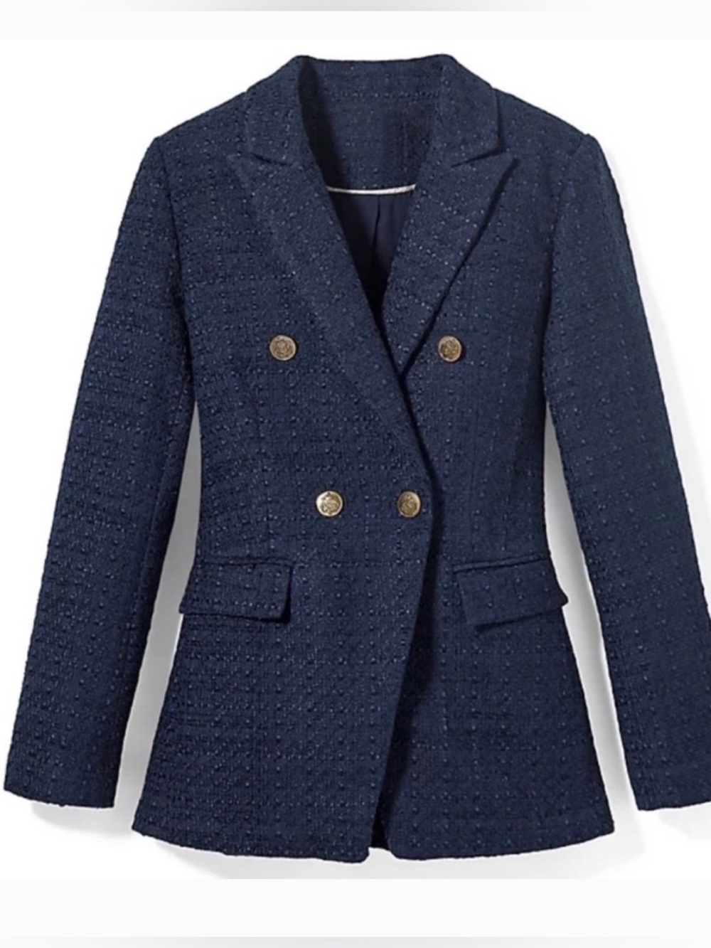 LOFT Navy Textured Double-Breasted Blazer with Gold Nautical Buttons